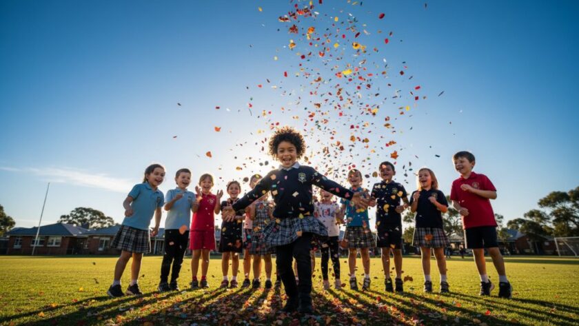 A candid, sunlit photograph of a group of diverse primary school children from Maryborough, Victoria, laughing and interacting joyfully on a vibrant school playground, capturing vibrant school memories Maryborough Victoria with natural light and professional colour grading.
