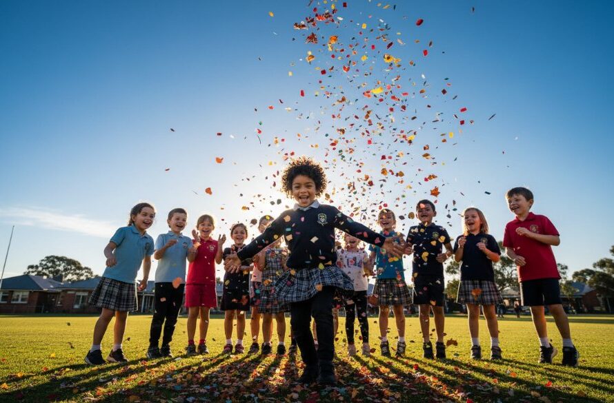 A candid, sunlit photograph of a group of diverse primary school children from Maryborough, Victoria, laughing and interacting joyfully on a vibrant school playground, capturing vibrant school memories Maryborough Victoria with natural light and professional colour grading.