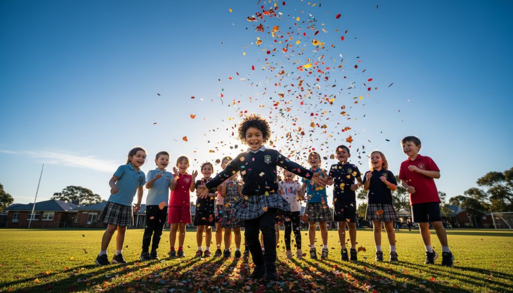 A candid, sunlit photograph of a group of diverse primary school children from Maryborough, Victoria, laughing and interacting joyfully on a vibrant school playground, capturing vibrant school memories Maryborough Victoria with natural light and professional colour grading.
