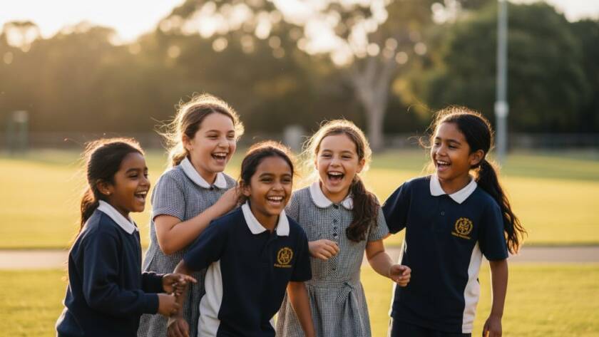 A group of diverse primary school children from Eumemmerring, Victoria, laughing joyfully together in a vibrant, sun-drenched playground, perfectly illustrating capturing vibrant school portraits Eumemmerring Victoria with genuine emotion and professional photography.