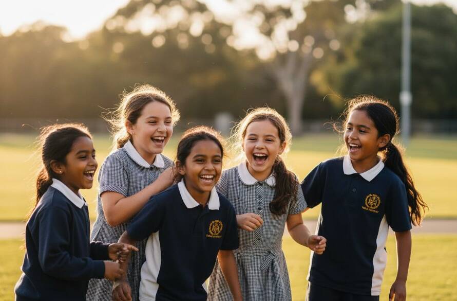 A group of diverse primary school children from Eumemmerring, Victoria, laughing joyfully together in a vibrant, sun-drenched playground, perfectly illustrating capturing vibrant school portraits Eumemmerring Victoria with genuine emotion and professional photography.