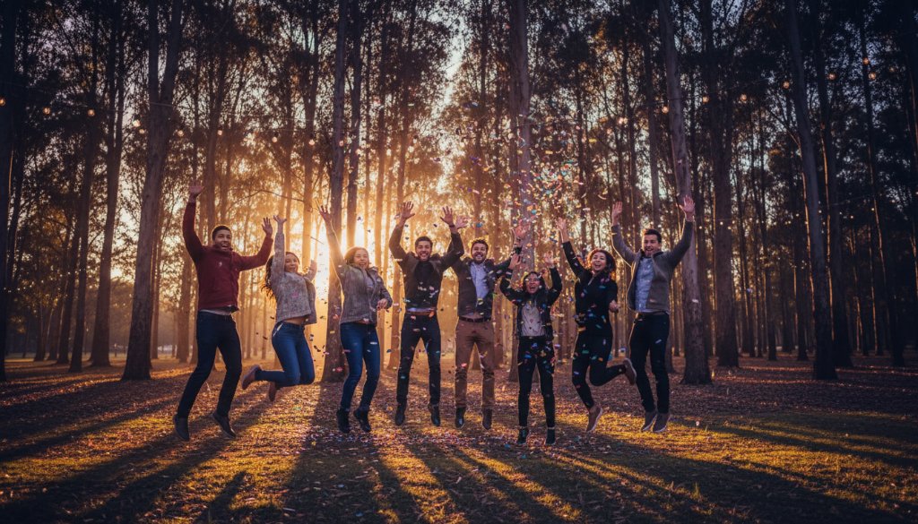 An epic moment of pure joy, professionally captured at a lively Waurn Ponds party, showcasing friends laughing and dancing under twinkling lights, exemplifying vibrant Waurn Ponds party photography.