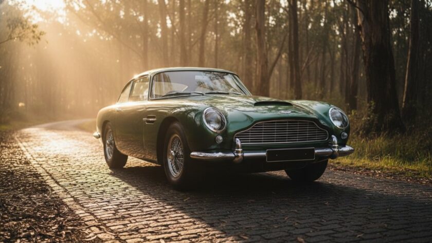 An epic moment of a perfectly restored 1950s vintage sports car gleaming in the golden hour light, parked on a winding road with the lush, rolling hills of Hepburn Springs in the background, showcasing the beautiful art of capturing vintage automotive beauty Hepburn Springs.