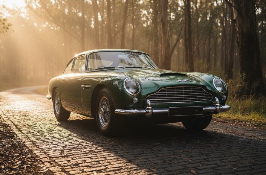 An epic moment of a perfectly restored 1950s vintage sports car gleaming in the golden hour light, parked on a winding road with the lush, rolling hills of Hepburn Springs in the background, showcasing the beautiful art of capturing vintage automotive beauty Hepburn Springs.