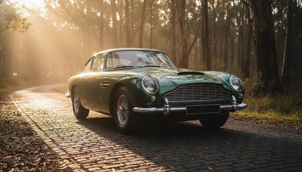 An epic moment of a perfectly restored 1950s vintage sports car gleaming in the golden hour light, parked on a winding road with the lush, rolling hills of Hepburn Springs in the background, showcasing the beautiful art of capturing vintage automotive beauty Hepburn Springs.