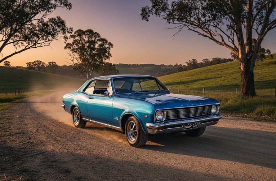 An epic moment photograph of a beautifully restored vintage muscle car, gleaming under the golden hour sun on a winding road in Black Hill, Victoria, Australia, showcasing the art of Capturing Vintage Cars Black Hill Victoria Photography with dramatic light and dynamic composition.