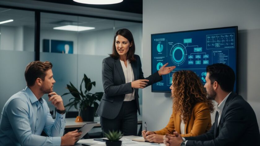 An 'epic moment' style professional corporate photoshoot in Wallan, Victoria, featuring a dynamic business team collaborating with purpose in a modern office, bathed in dramatic, cinematic light, reflecting the dedication to capturing Wallan corporate success with professional photography.