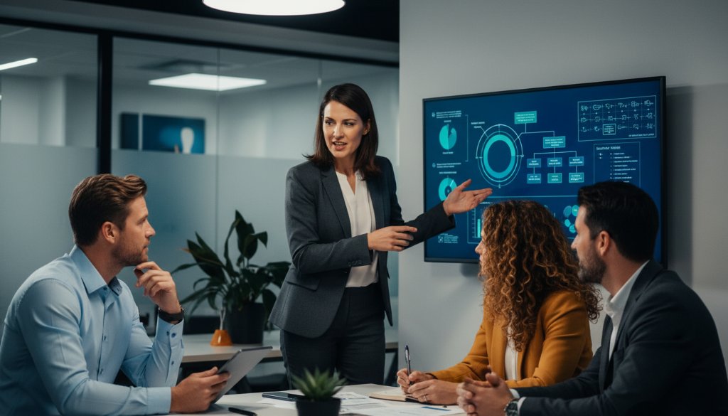 An 'epic moment' style professional corporate photoshoot in Wallan, Victoria, featuring a dynamic business team collaborating with purpose in a modern office, bathed in dramatic, cinematic light, reflecting the dedication to capturing Wallan corporate success with professional photography.