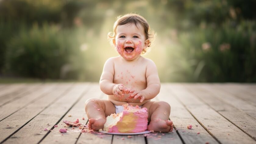An adorable baby, covered in frosting from a cake smash, looking directly at the camera with a huge, joyful smile, set against a whimsical, pastel backdrop in a professional Warragul cake smash photography studio, perfectly capturing Warragul Cake Smash Photography Memories.