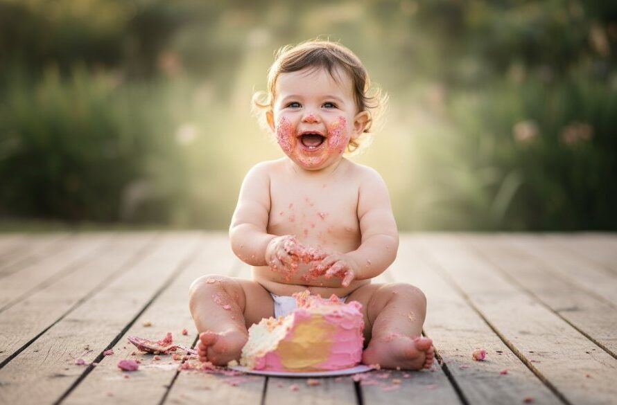 An adorable baby, covered in frosting from a cake smash, looking directly at the camera with a huge, joyful smile, set against a whimsical, pastel backdrop in a professional Warragul cake smash photography studio, perfectly capturing Warragul Cake Smash Photography Memories.