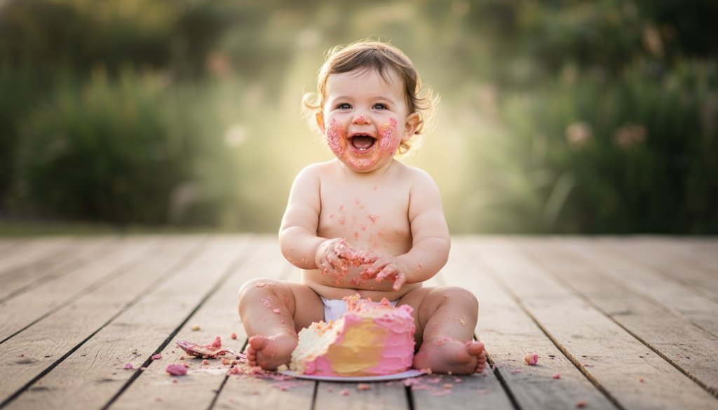 An adorable baby, covered in frosting from a cake smash, looking directly at the camera with a huge, joyful smile, set against a whimsical, pastel backdrop in a professional Warragul cake smash photography studio, perfectly capturing Warragul Cake Smash Photography Memories.