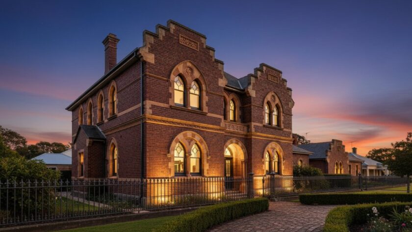 Dramatic evening shot of a historic brick building in Warragul, Victoria, showcasing its intricate Victorian-era details under the golden hour light, perfectly illustrating the art of Capturing Warragul's Architectural Heritage Photos.