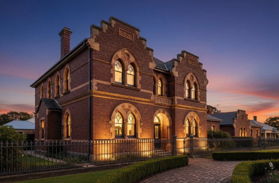 Dramatic evening shot of a historic brick building in Warragul, Victoria, showcasing its intricate Victorian-era details under the golden hour light, perfectly illustrating the art of Capturing Warragul's Architectural Heritage Photos.