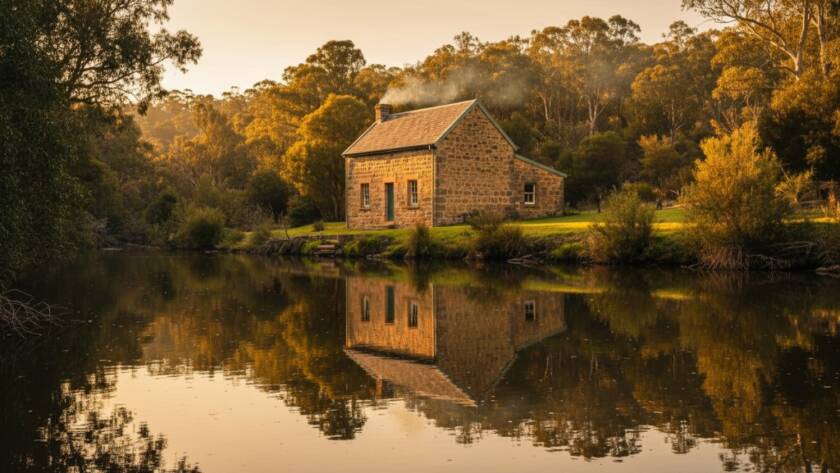 An epic, dramatically lit photograph Capturing Warrandyte's Unique Architectural Heritage, showcasing a historic stone cottage bathed in golden hour light against the serene Yarra River, with reflections and rich textures highlighting its timeless beauty.