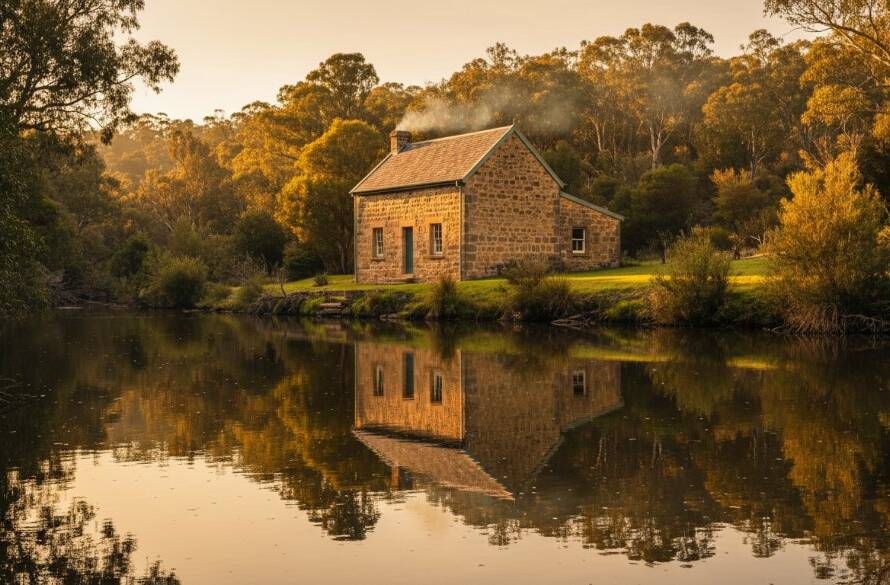 An epic, dramatically lit photograph Capturing Warrandyte's Unique Architectural Heritage, showcasing a historic stone cottage bathed in golden hour light against the serene Yarra River, with reflections and rich textures highlighting its timeless beauty.