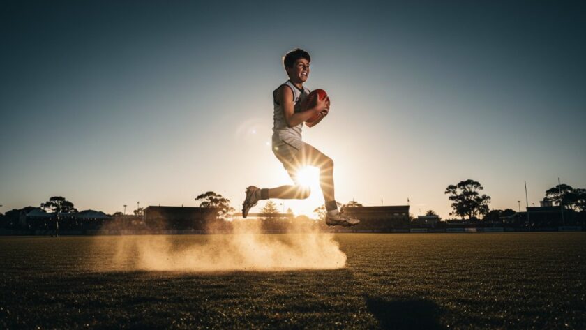 Dynamic wide shot capturing Warrnambool youth sports photography moments, showing a young Australian rules football player leaping high to mark the ball during a golden hour sunset at Reid Oval, Warrnambool, with dramatic lens flare and a cheering crowd blurred in the background, conveying intense athletic focus and jubilation.