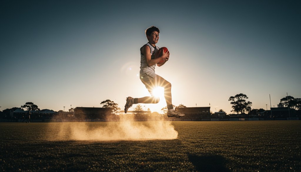 Dynamic wide shot capturing Warrnambool youth sports photography moments, showing a young Australian rules football player leaping high to mark the ball during a golden hour sunset at Reid Oval, Warrnambool, with dramatic lens flare and a cheering crowd blurred in the background, conveying intense athletic focus and jubilation.