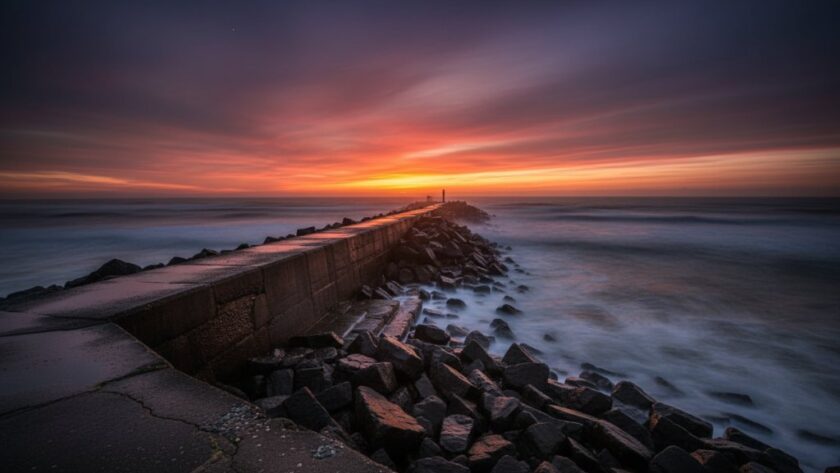 A dramatic long exposure photograph of the iconic Warrnambool Breakwater at dawn, with golden light illuminating its historic stone structure and the wild Southern Ocean waves crashing around it, perfectly Capturing Warrnambool's historic architecture photography with a sense of timeless grandeur and resilience.