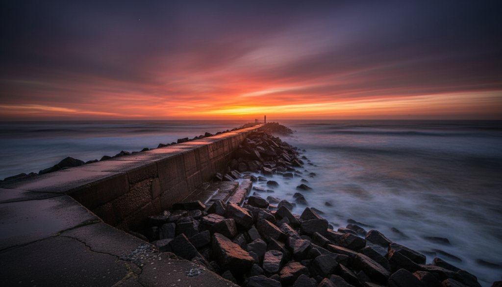 A dramatic long exposure photograph of the iconic Warrnambool Breakwater at dawn, with golden light illuminating its historic stone structure and the wild Southern Ocean waves crashing around it, perfectly Capturing Warrnambool's historic architecture photography with a sense of timeless grandeur and resilience.