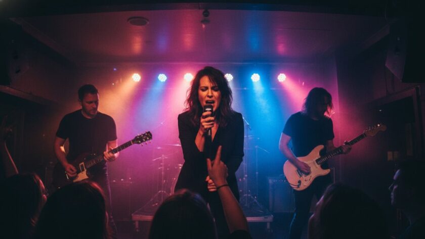 A dynamic shot capturing Warrnambool's vibrant live music scene, featuring a lead singer bathed in dramatic stage lights, mic in hand, passionately performing to an energetic crowd.