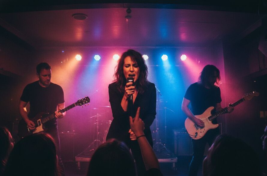 A dynamic shot capturing Warrnambool's vibrant live music scene, featuring a lead singer bathed in dramatic stage lights, mic in hand, passionately performing to an energetic crowd.