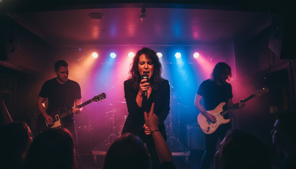 A dynamic shot capturing Warrnambool's vibrant live music scene, featuring a lead singer bathed in dramatic stage lights, mic in hand, passionately performing to an energetic crowd.