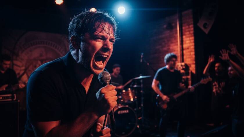 Dynamic close-up of a guitarist mid-solo on stage at a West Footscray venue, sweat glistening under dramatic stage lights, perfectly capturing West Footscray live music soul with vibrant colours and a blurred, energetic crowd in the background.