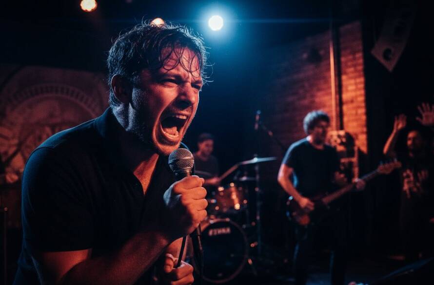 Dynamic close-up of a guitarist mid-solo on stage at a West Footscray venue, sweat glistening under dramatic stage lights, perfectly capturing West Footscray live music soul with vibrant colours and a blurred, energetic crowd in the background.