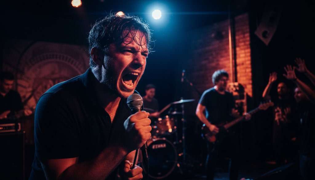 Dynamic close-up of a guitarist mid-solo on stage at a West Footscray venue, sweat glistening under dramatic stage lights, perfectly capturing West Footscray live music soul with vibrant colours and a blurred, energetic crowd in the background.