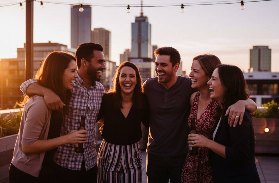 An ecstatic group of friends cheering at a beautifully lit outdoor party in Williams Landing, with the vibrant energy of the crowd and dynamic lighting perfectly Capturing Williams Landing Party Photography Moments.