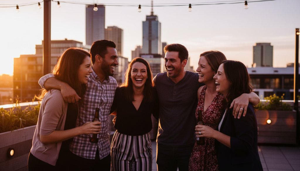 An ecstatic group of friends cheering at a beautifully lit outdoor party in Williams Landing, with the vibrant energy of the crowd and dynamic lighting perfectly Capturing Williams Landing Party Photography Moments.