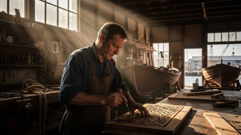 A dynamic editorial photograph of a local artist passionately working on a large canvas outdoors near the historic jetties of Williamstown North, with dramatic golden hour light highlighting her intense focus and the vibrant colours of her artwork, perfectly Capturing Williamstown North editorial stories.
