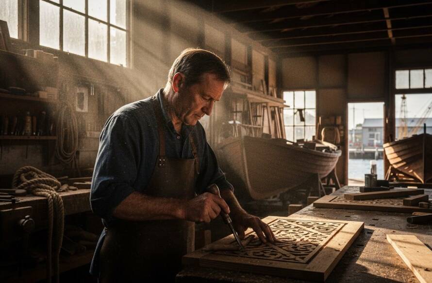 A dynamic editorial photograph of a local artist passionately working on a large canvas outdoors near the historic jetties of Williamstown North, with dramatic golden hour light highlighting her intense focus and the vibrant colours of her artwork, perfectly Capturing Williamstown North editorial stories.