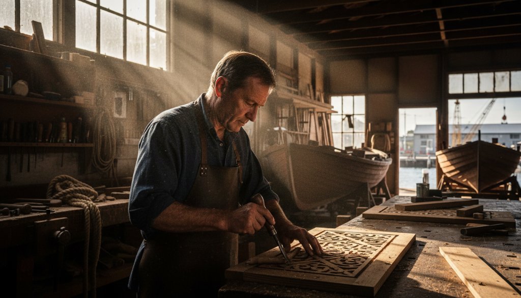 A dynamic editorial photograph of a local artist passionately working on a large canvas outdoors near the historic jetties of Williamstown North, with dramatic golden hour light highlighting her intense focus and the vibrant colours of her artwork, perfectly Capturing Williamstown North editorial stories.