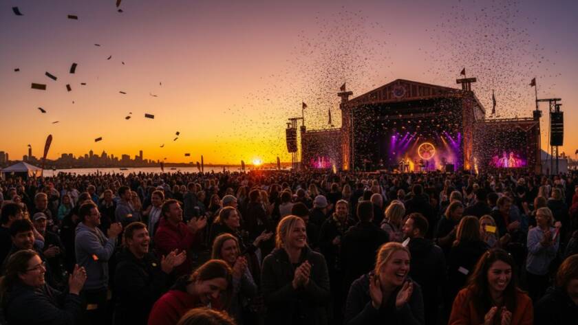 An epic moment of joyful celebration during a community festival in Williamstown North, showcasing vibrant colours, dramatic golden hour lighting, and candid expressions, perfectly capturing Williamstown North event memories vibrantly with a professional touch.