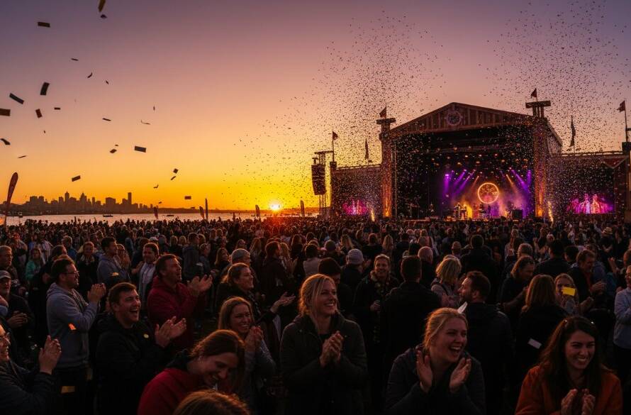 An epic moment of joyful celebration during a community festival in Williamstown North, showcasing vibrant colours, dramatic golden hour lighting, and candid expressions, perfectly capturing Williamstown North event memories vibrantly with a professional touch.