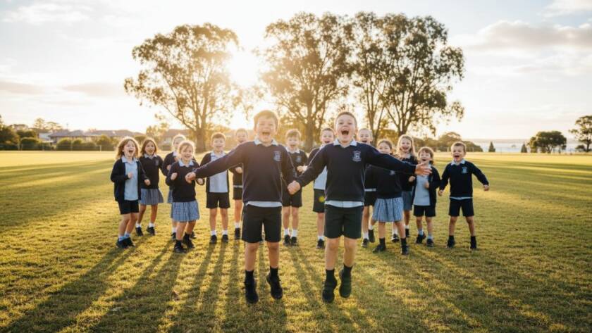An epic moment of pure joy captured during a school photo day, showcasing a group of diverse primary school children laughing naturally on the Williamstown North school oval, with dynamic sunlight filtering through gum trees, highlighting the essence of Capturing Williamstown North Primary School Joy Photography.