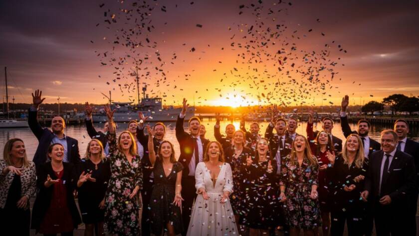 An epic moment of shared laughter and celebration during a vibrant twilight event on Williamstown Harbour, with guests raising glasses against a stunning sunset backdrop, perfectly illustrating professional Capturing Williamstown's Harbour Events Photography.