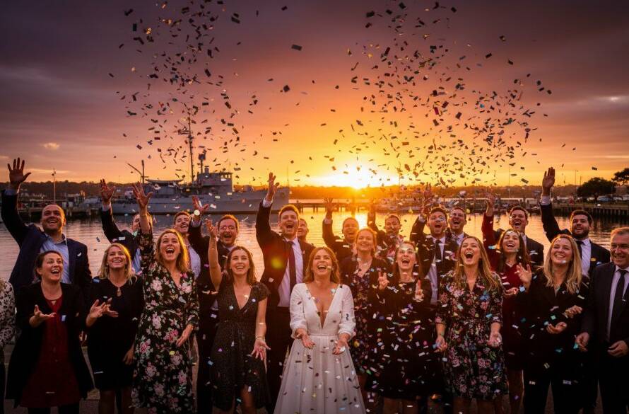An epic moment of shared laughter and celebration during a vibrant twilight event on Williamstown Harbour, with guests raising glasses against a stunning sunset backdrop, perfectly illustrating professional Capturing Williamstown's Harbour Events Photography.