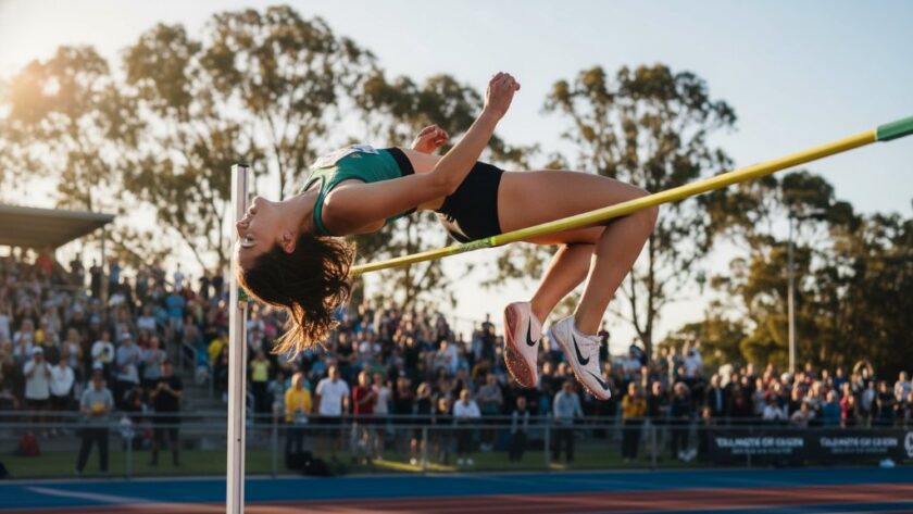 An epic moment of a high jumper soaring through the air at a Wodonga athletics meet, expertly captured with dramatic lighting, embodying the focus on Capturing Wodonga Athletics Meet Photography Victoria.