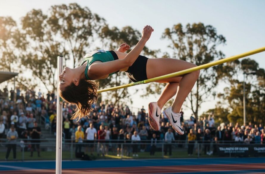 An epic moment of a high jumper soaring through the air at a Wodonga athletics meet, expertly captured with dramatic lighting, embodying the focus on Capturing Wodonga Athletics Meet Photography Victoria.