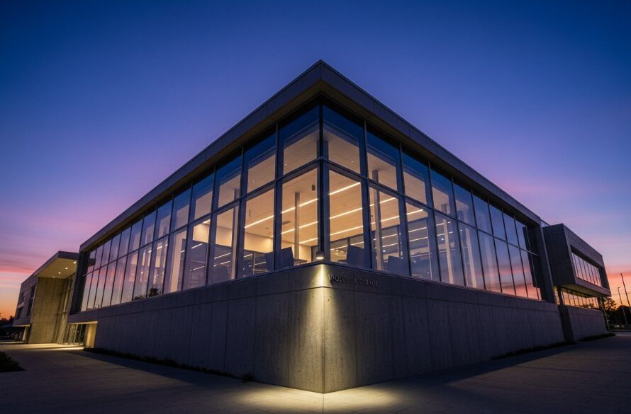 Dramatic wide-angle shot capturing Wodonga's architectural heritage photography of the iconic Wodonga Council building at dawn, with golden light reflecting off its modern glass facade against a vibrant sky, showcasing intricate details and professional composition.