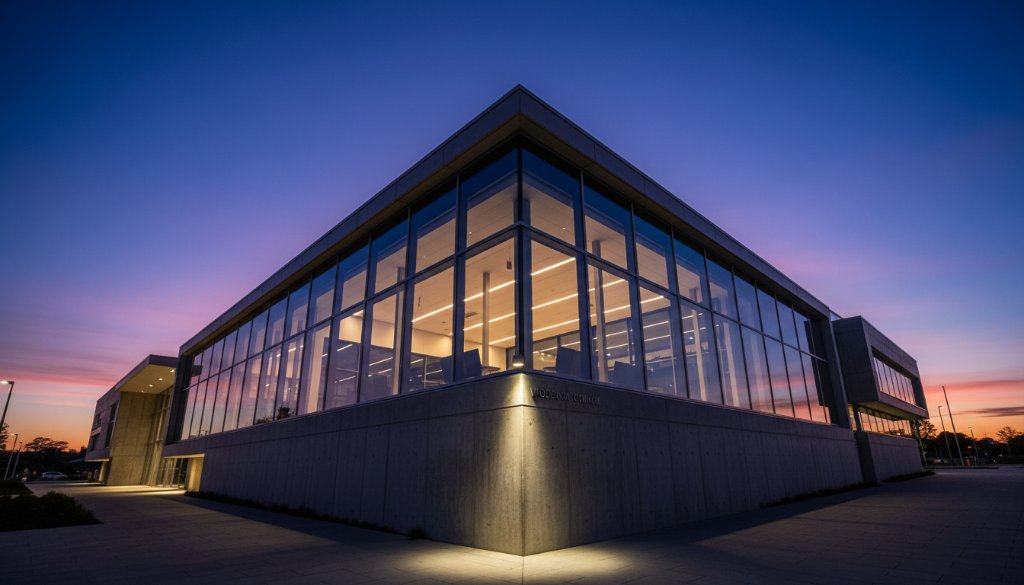 Dramatic wide-angle shot capturing Wodonga's architectural heritage photography of the iconic Wodonga Council building at dawn, with golden light reflecting off its modern glass facade against a vibrant sky, showcasing intricate details and professional composition.