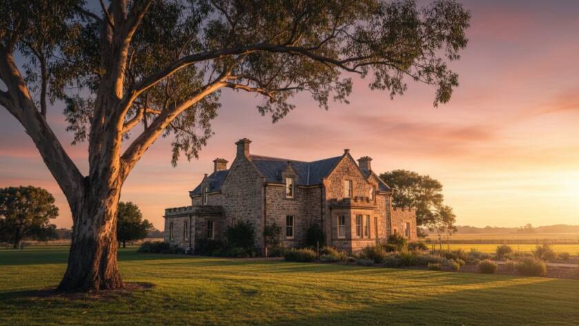 An epic moment of a historic stone building in Wonga Park, Victoria, bathed in the warm glow of a golden hour sunset, highlighting its intricate details and strong architectural character, perfect for capturing Wonga Park architectural character photography.