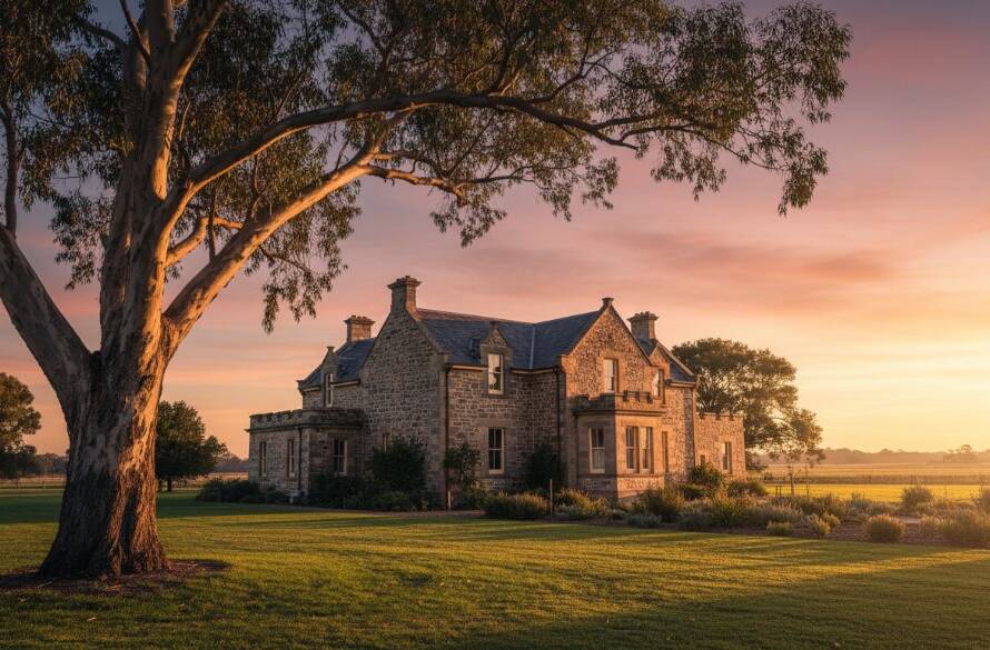 An epic moment of a historic stone building in Wonga Park, Victoria, bathed in the warm glow of a golden hour sunset, highlighting its intricate details and strong architectural character, perfect for capturing Wonga Park architectural character photography.