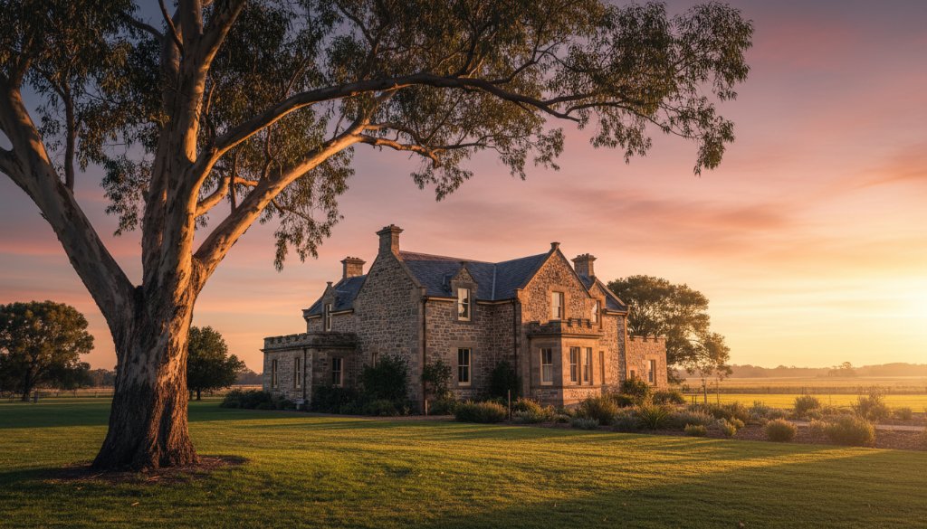 An epic moment of a historic stone building in Wonga Park, Victoria, bathed in the warm glow of a golden hour sunset, highlighting its intricate details and strong architectural character, perfect for capturing Wonga Park architectural character photography.