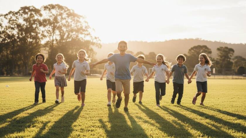 An 'epic moment' photograph capturing Wonga Park school memories with authentic photography, showing a group of diverse primary school children laughing joyfully on a sunny day at the school oval, with gum trees and Wonga Park's natural beauty in the soft-focus background, expertly lit with dramatic natural light.