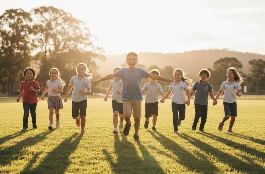 An 'epic moment' photograph capturing Wonga Park school memories with authentic photography, showing a group of diverse primary school children laughing joyfully on a sunny day at the school oval, with gum trees and Wonga Park's natural beauty in the soft-focus background, expertly lit with dramatic natural light.