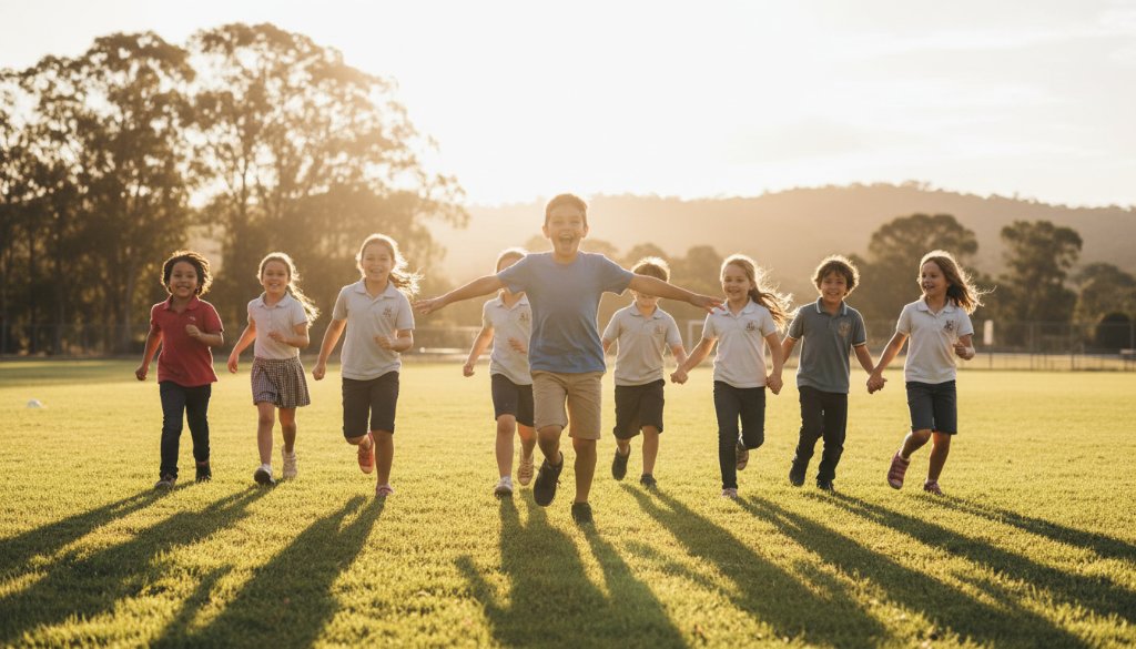 An 'epic moment' photograph capturing Wonga Park school memories with authentic photography, showing a group of diverse primary school children laughing joyfully on a sunny day at the school oval, with gum trees and Wonga Park's natural beauty in the soft-focus background, expertly lit with dramatic natural light.