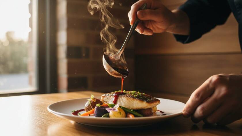 An intimate, dramatically lit close-up of a perfectly plated gourmet dish, possibly a vibrant dessert or a slow-cooked main, set on a rustic wooden table within a charming Wonga Park eatery, steam gently rising, highlighting the delicious textures and colours, embodying the skill of Capturing Wonga Park's Artisan Food Photography Essence.